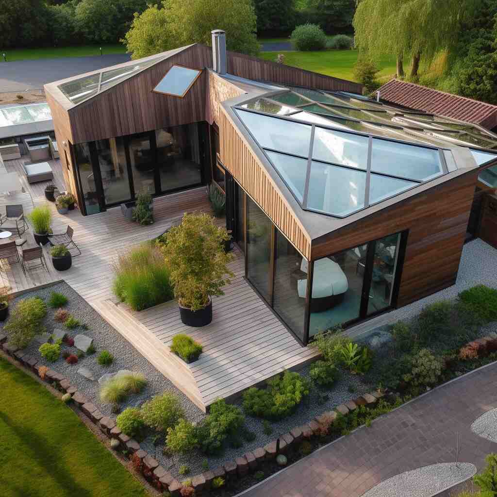 Moderne Holzfassaden mit modernem Dach, futuristisch
